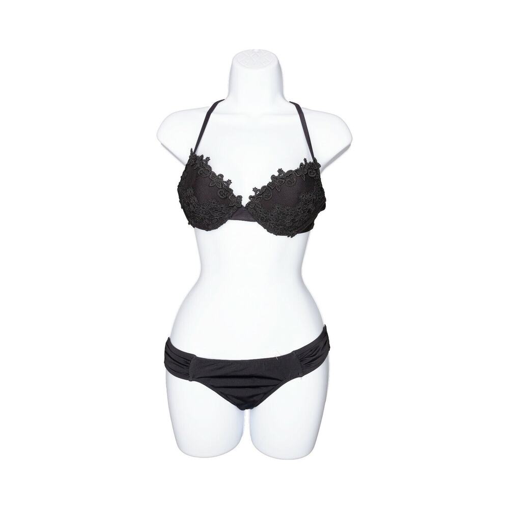 Mae Women Lace Mesh Wired Push Up Solid Bikini Top Black Size S